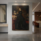 Canvas art print of a classical portrait of a woman in dark attire with refined posture and soft light displayed as a statement piece in a spacious interior.