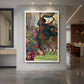 Canvas art print of an Art Nouveau poster of a woman with decorative framing and soft tones displayed as a statement piece in a spacious interior.