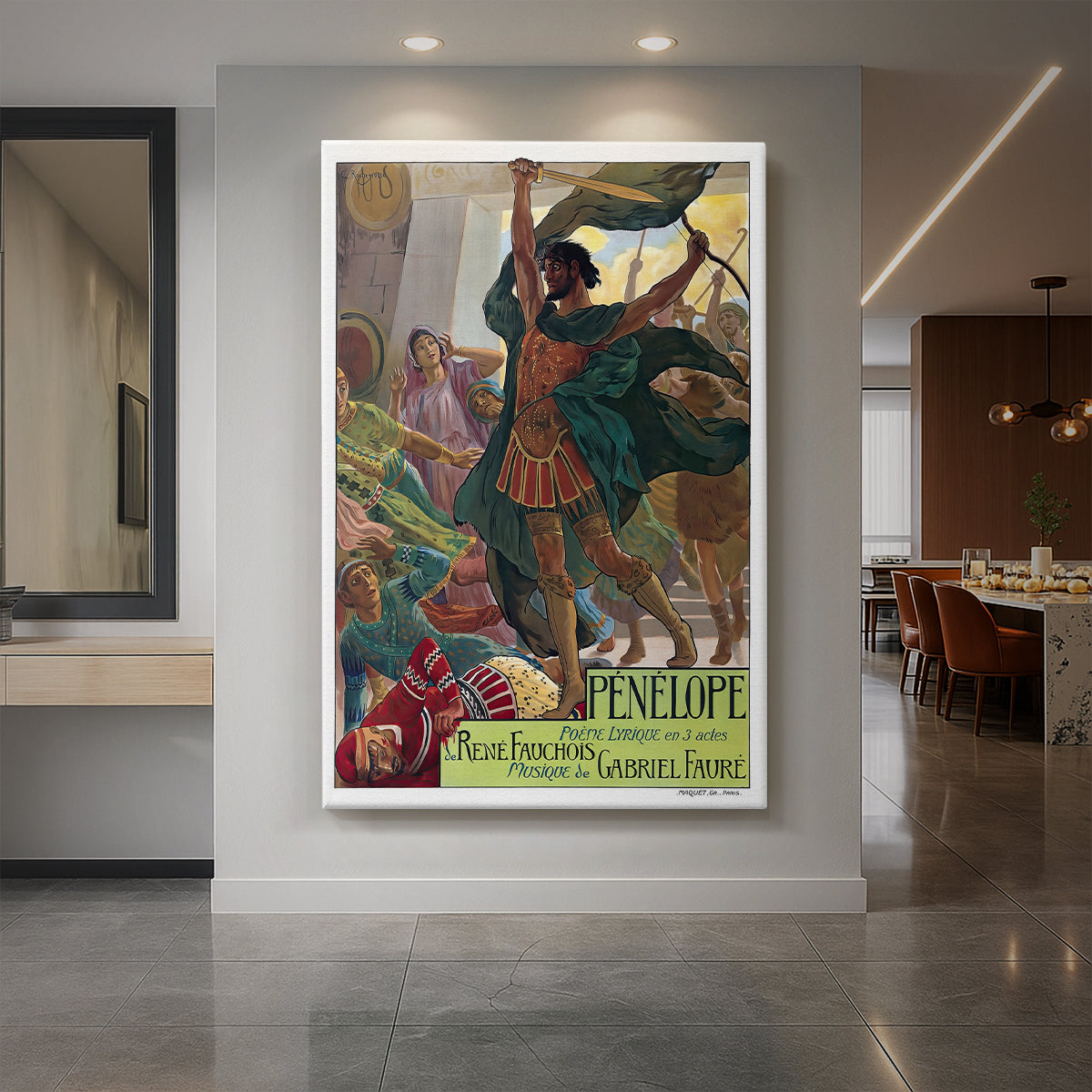 Canvas art print of an Art Nouveau poster of a woman with decorative framing and soft tones displayed as a statement piece in a spacious interior.