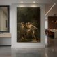 Canvas art print of a Rococo garden scene of figures gathered near a decorative fountain of cupids displayed as a statement piece in a spacious interior.