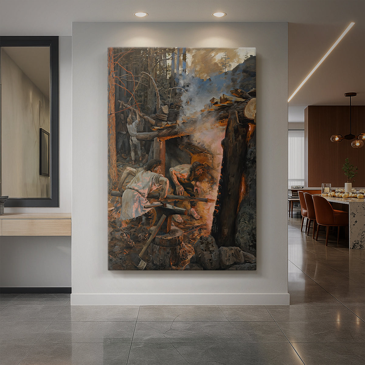 Canvas art print of a mythological scene of figures forging a magical object in a glowing workshop displayed as a statement piece in a spacious interior.