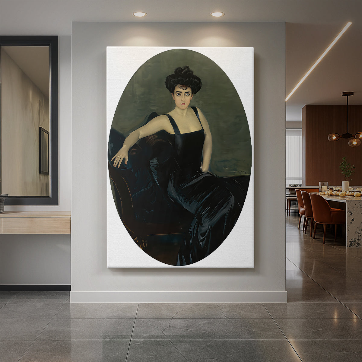 Canvas art print of an impressionist portrait of a woman in dark attire with soft luminous light displayed as a statement piece in a spacious interior.