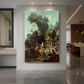 Canvas art print of a Rococo garden scene of a woman crowning her lover with a wreath displayed as a statement piece in a spacious interior.