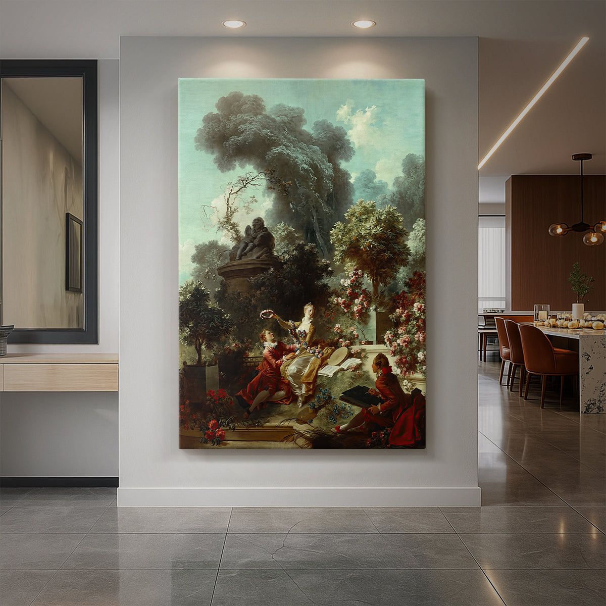 Canvas art print of a Rococo garden scene of a woman crowning her lover with a wreath displayed as a statement piece in a spacious interior.