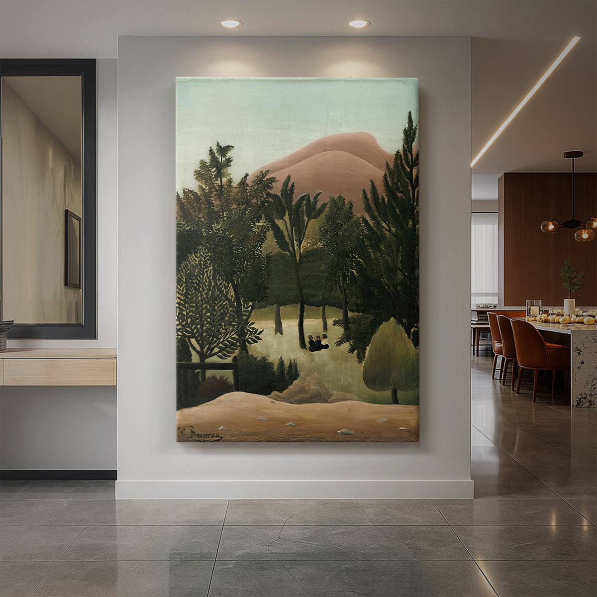 Canvas art print of a naïve-style landscape with trees, buildings, and soft sky tones displayed as a statement piece in a spacious interior.