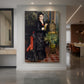 Canvas art print of an impressionist portrait of a woman with a parakeet in a lush setting displayed as a statement piece in a spacious interior.