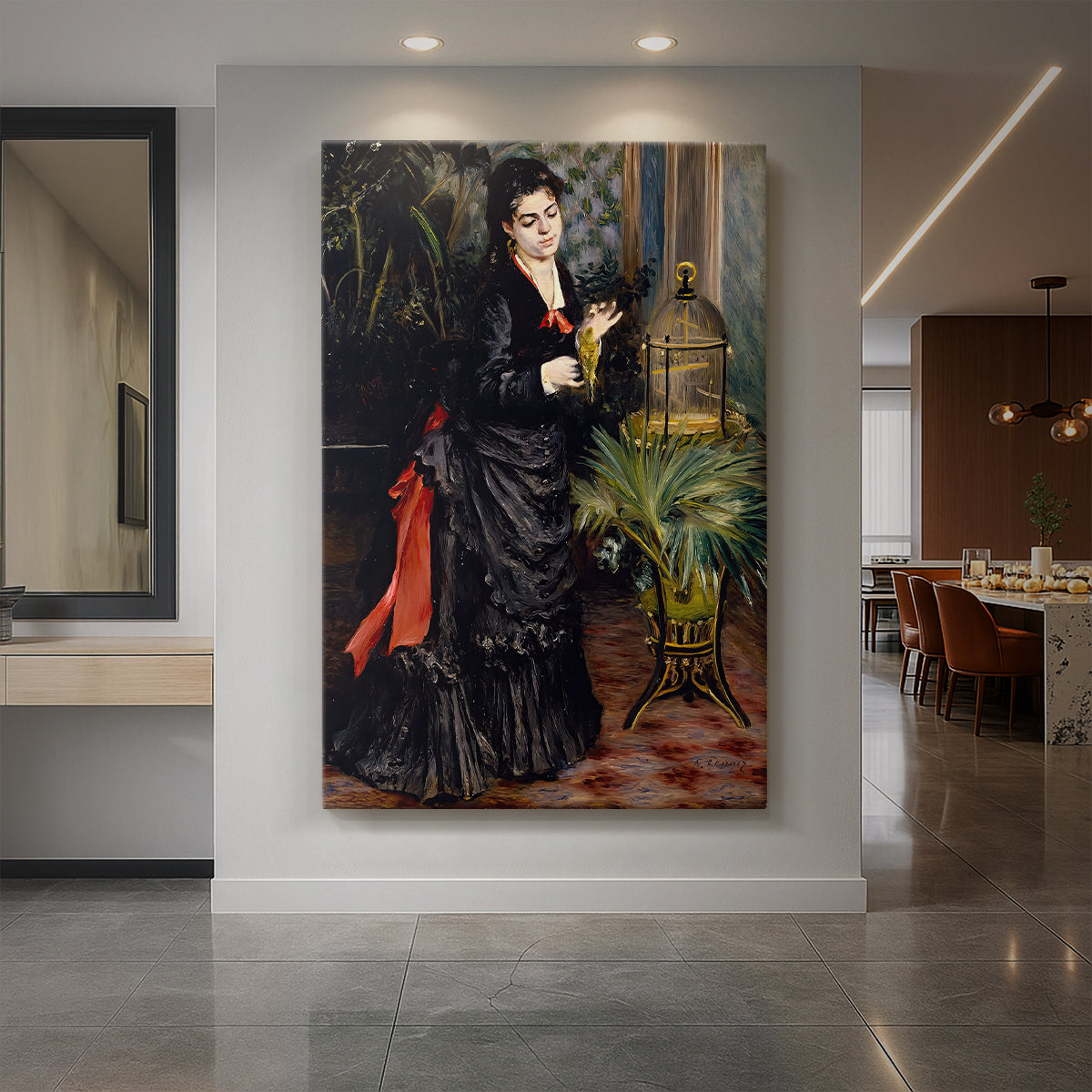 Canvas art print of an impressionist portrait of a woman with a parakeet in a lush setting displayed as a statement piece in a spacious interior.
