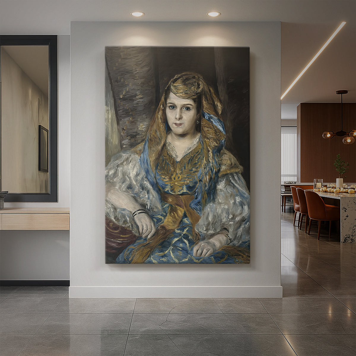 Canvas art print of an impressionist portrait of a woman in Algerian dress with rich colors displayed as a statement piece in a spacious interior.