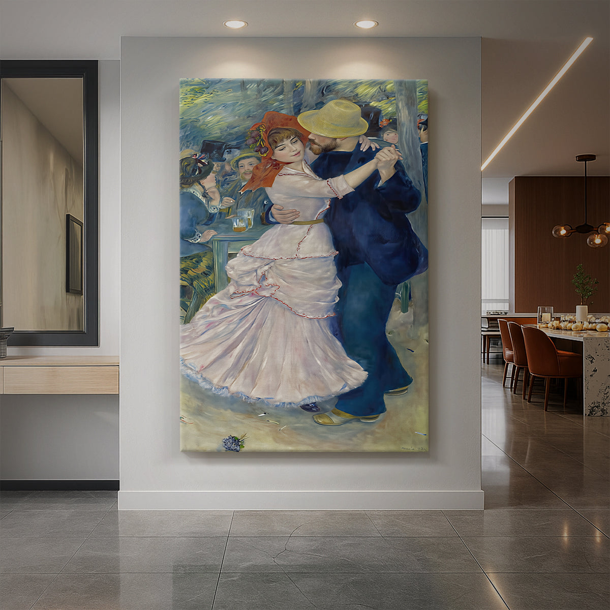 Canvas art print of an impressionist scene of a couple dancing outdoors with soft vibrant brushwork displayed as a statement piece in a spacious interior.