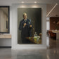 Canvas art print of a formal portrait of a seated man in dark attire with soft lighting displayed as a statement piece in a spacious interior.