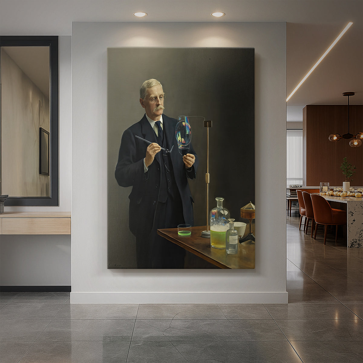 Canvas art print of a formal portrait of a seated man in dark attire with soft lighting displayed as a statement piece in a spacious interior.