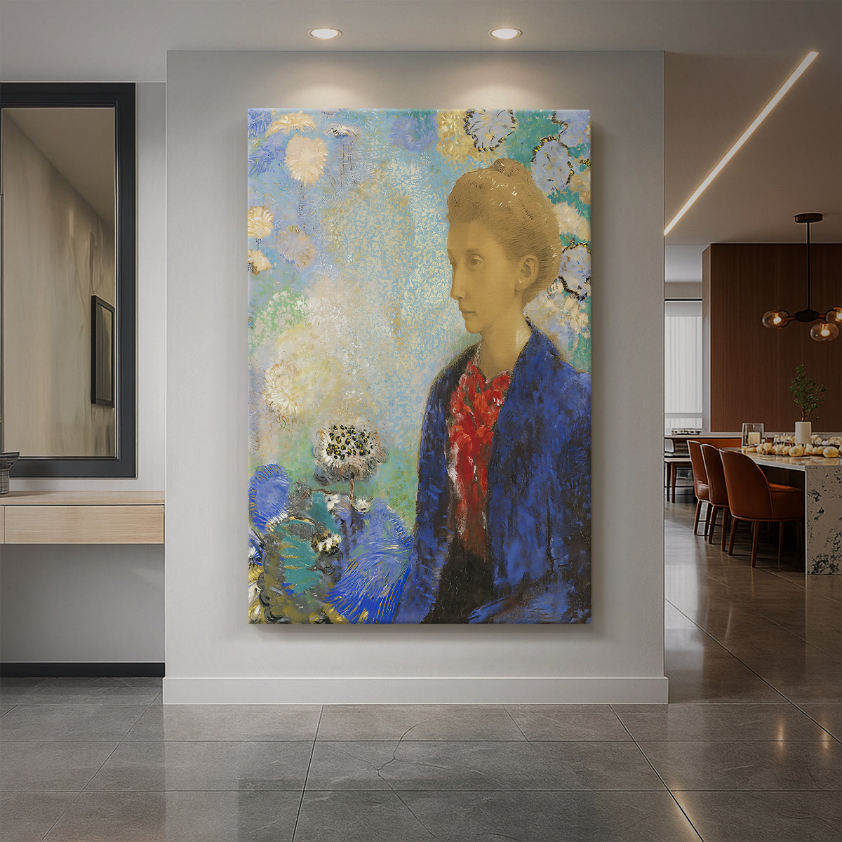 Canvas art print of a symbolic portrait of a woman with soft tones and abstracted features displayed as a statement piece in a spacious interior.