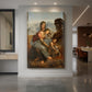 Canvas art print of a Renaissance scene of three figures arranged in a soft pyramidal composition displayed as a statement piece in a spacious interior.
