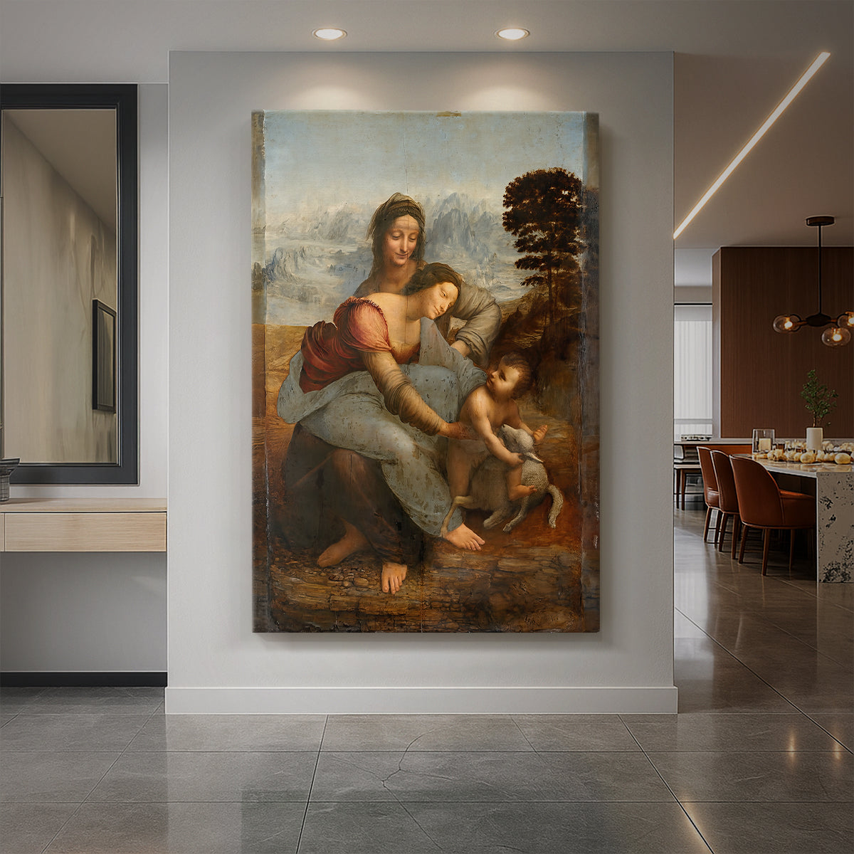 Canvas art print of a Renaissance scene of three figures arranged in a soft pyramidal composition displayed as a statement piece in a spacious interior.
