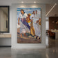 Canvas art print of an impressionist beach scene of women carrying baskets along the shoreline displayed as a statement piece in a spacious interior.