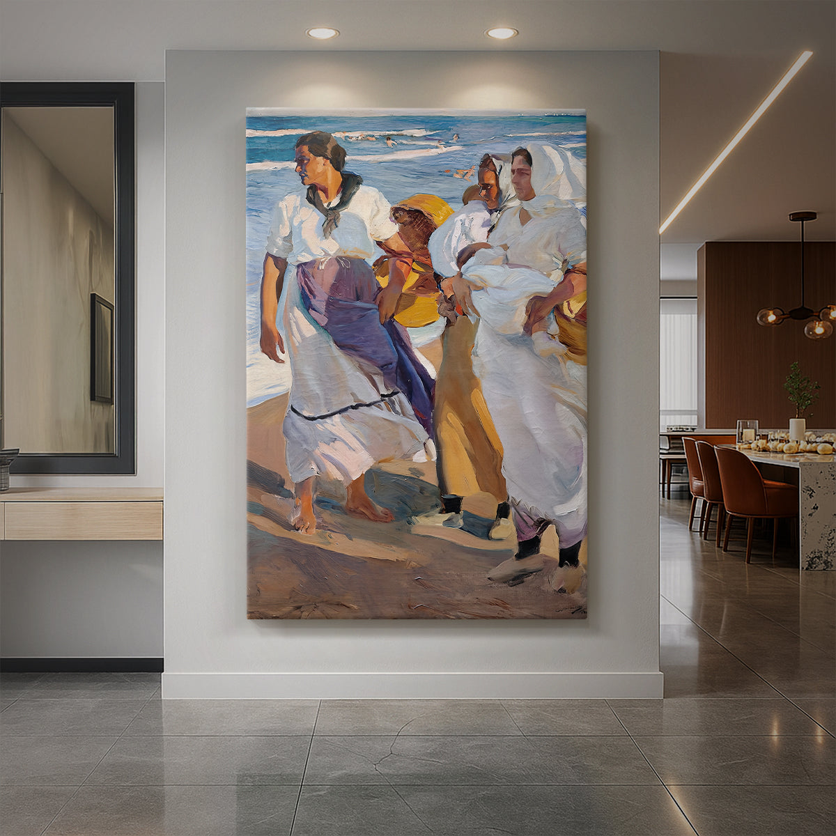 Canvas art print of an impressionist beach scene of women carrying baskets along the shoreline displayed as a statement piece in a spacious interior.