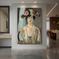 Canvas art print of an expressionist portrait of a woman wearing a hat with bold layered color displayed as a statement piece in a spacious interior.