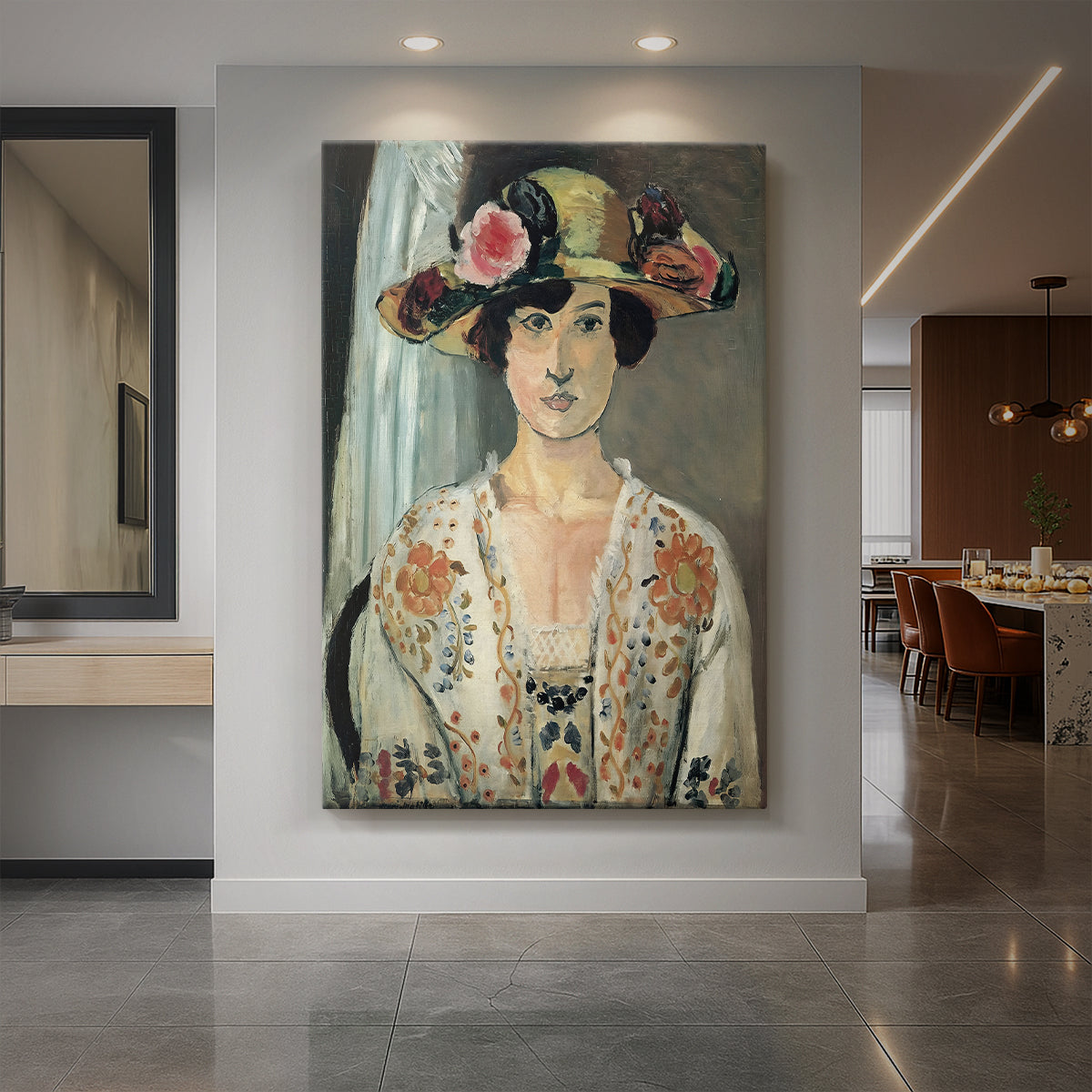 Canvas art print of an expressionist portrait of a woman wearing a hat with bold layered color displayed as a statement piece in a spacious interior.