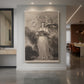 Canvas art print of a classical portrait of a woman with musical symbolism and soft dramatic light displayed as a statement piece in a spacious interior.