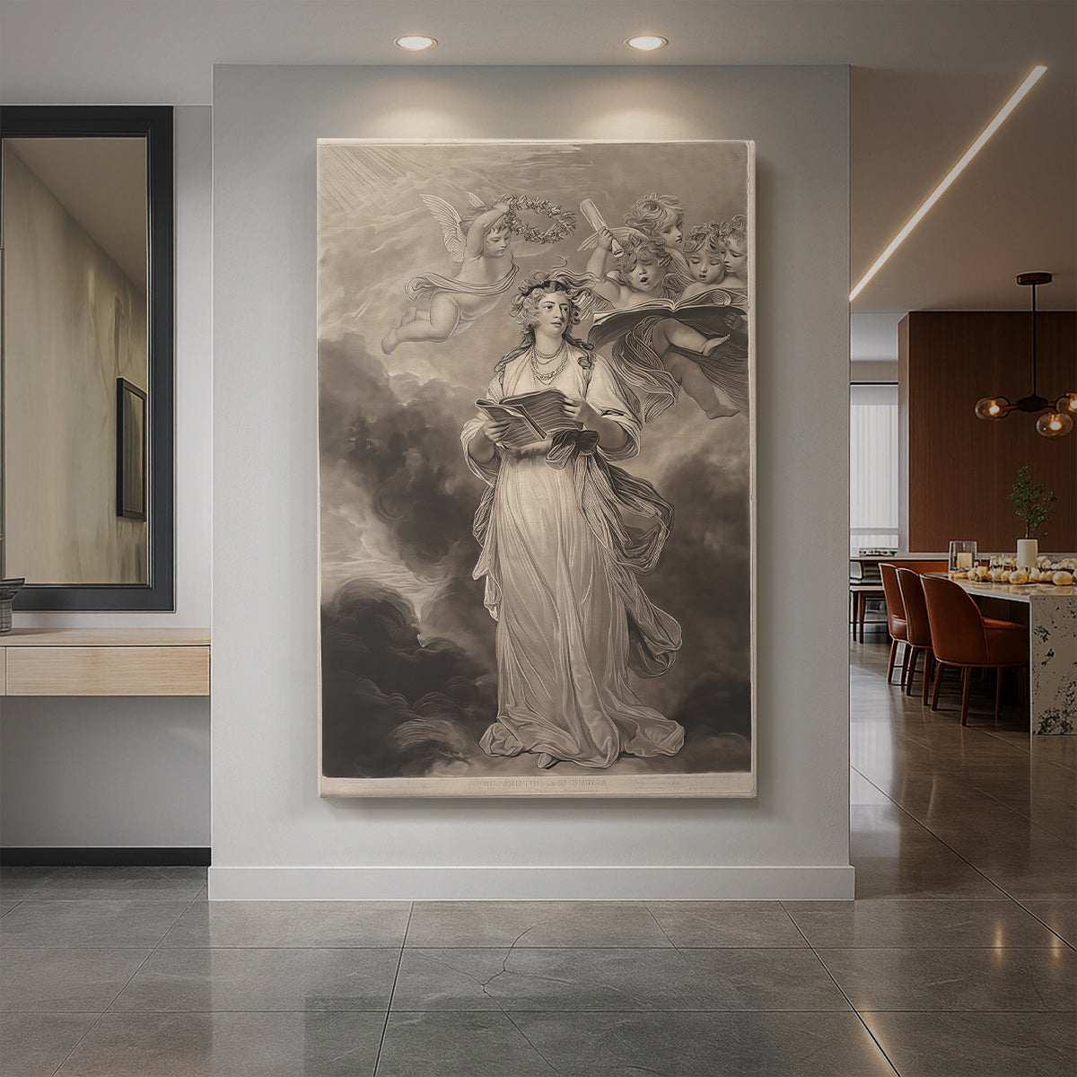 Canvas art print of a classical portrait of a woman with musical symbolism and soft dramatic light displayed as a statement piece in a spacious interior.