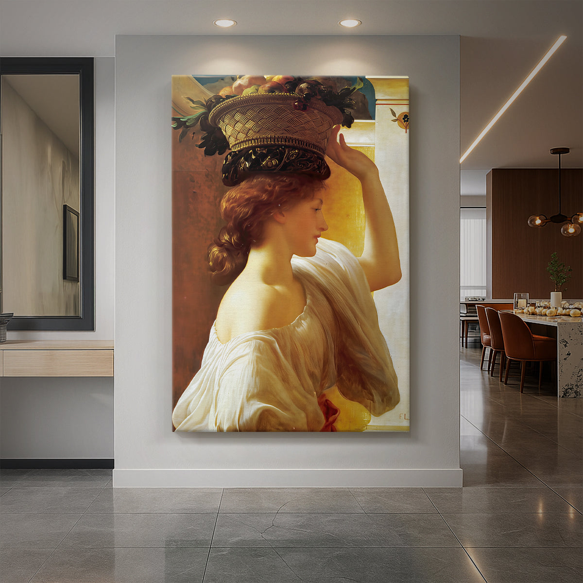 Canvas art print of a classical portrait of a girl holding a basket of fruit in soft light displayed as a statement piece in a spacious interior.