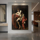 Canvas art print of a Baroque portrait of Saint John the Baptist seated in a dark setting displayed as a statement piece in a spacious interior.