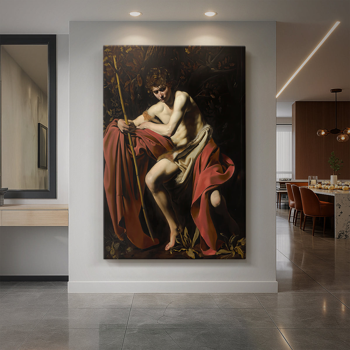 Canvas art print of a Baroque portrait of Saint John the Baptist seated in a dark setting displayed as a statement piece in a spacious interior.