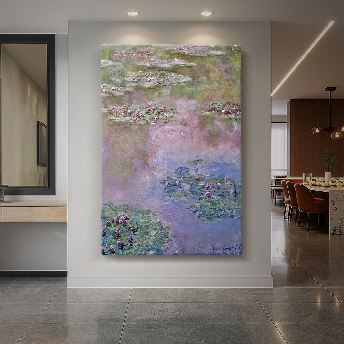 Canvas art print of an impressionist water scene with floating lilies and reflective surface displayed as a statement piece in a spacious interior.