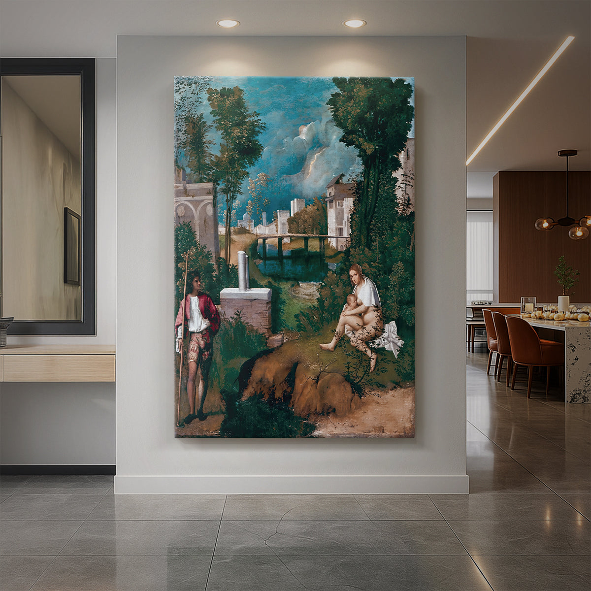 Canvas art print of a Renaissance landscape with a stormy sky and figures in a natural setting displayed as a statement piece in a spacious interior.