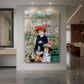 Canvas art print of an impressionist portrait of two girls seated on a terrace with bright colors displayed as a statement piece in a spacious interior.