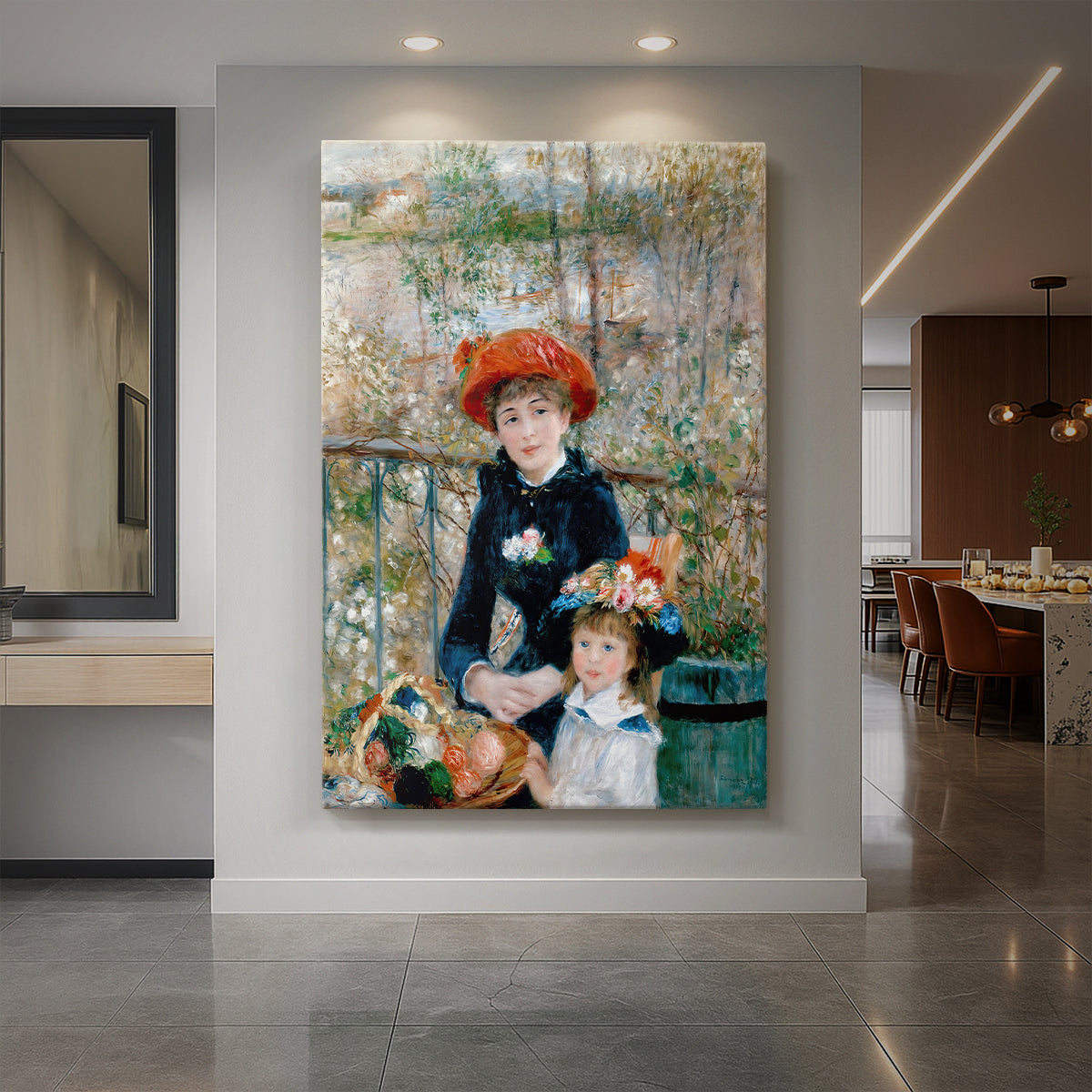 Canvas art print of an impressionist portrait of two girls seated on a terrace with bright colors displayed as a statement piece in a spacious interior.
