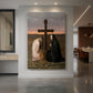 Canvas art print of a symbolic scene of a woman in mourning beside a cross in a quiet interior displayed as a statement piece in a spacious interior.