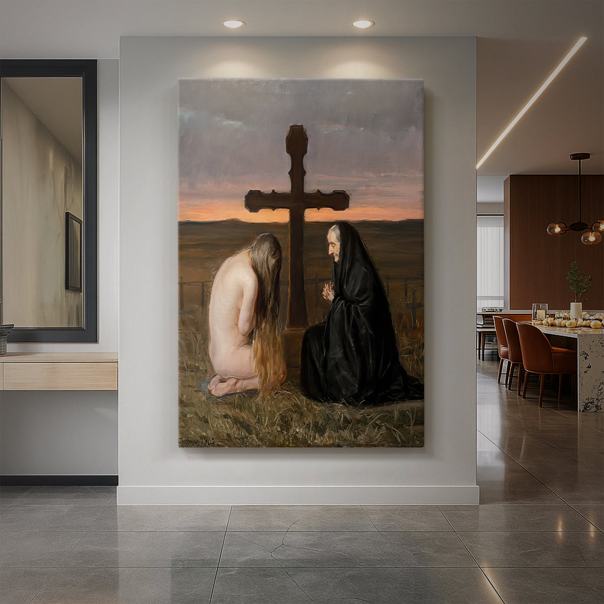 Canvas art print of a symbolic scene of a woman in mourning beside a cross in a quiet interior displayed as a statement piece in a spacious interior.
