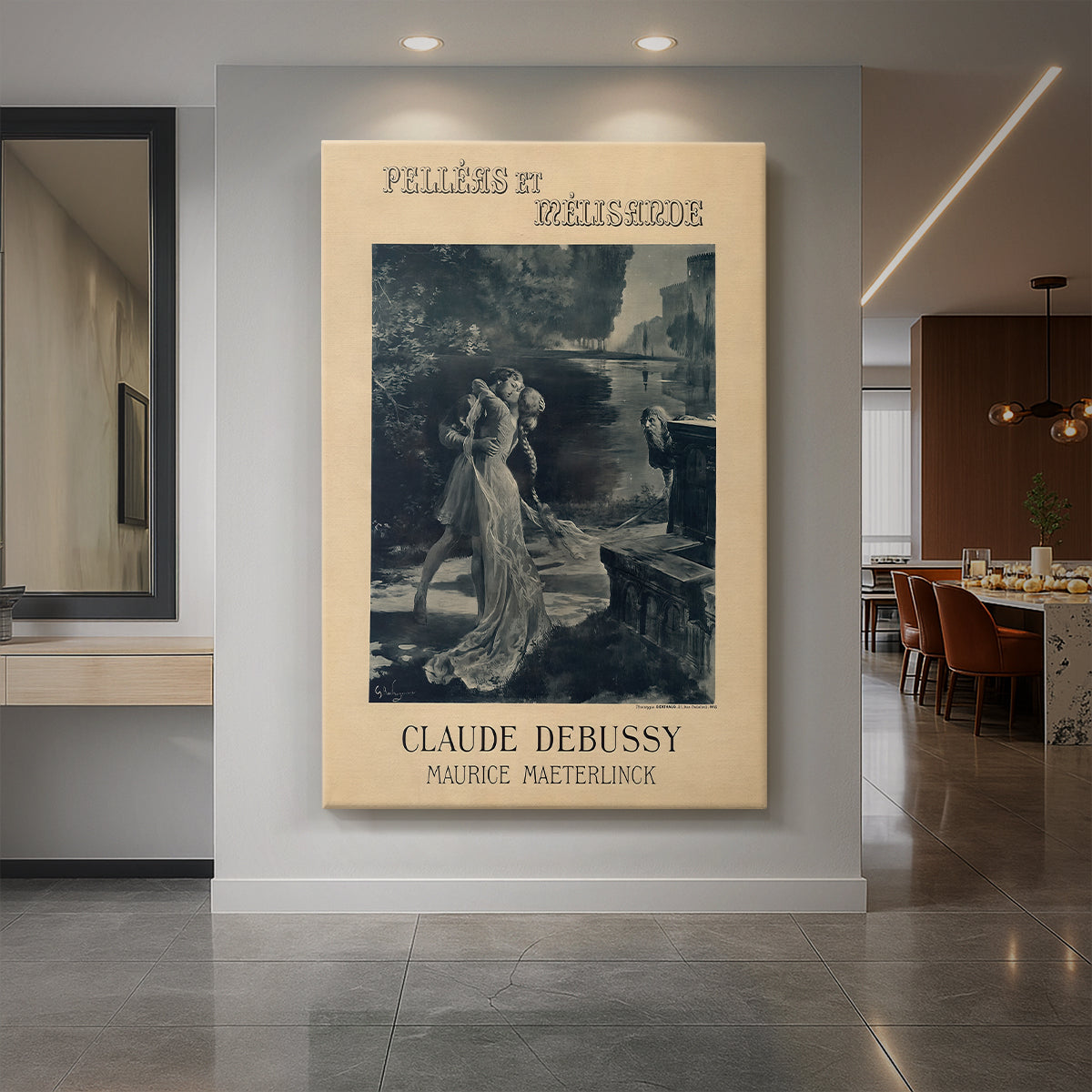 Canvas art print of an Art Nouveau poster with figures in a dramatic scene and decorative text displayed as a statement piece in a spacious interior.