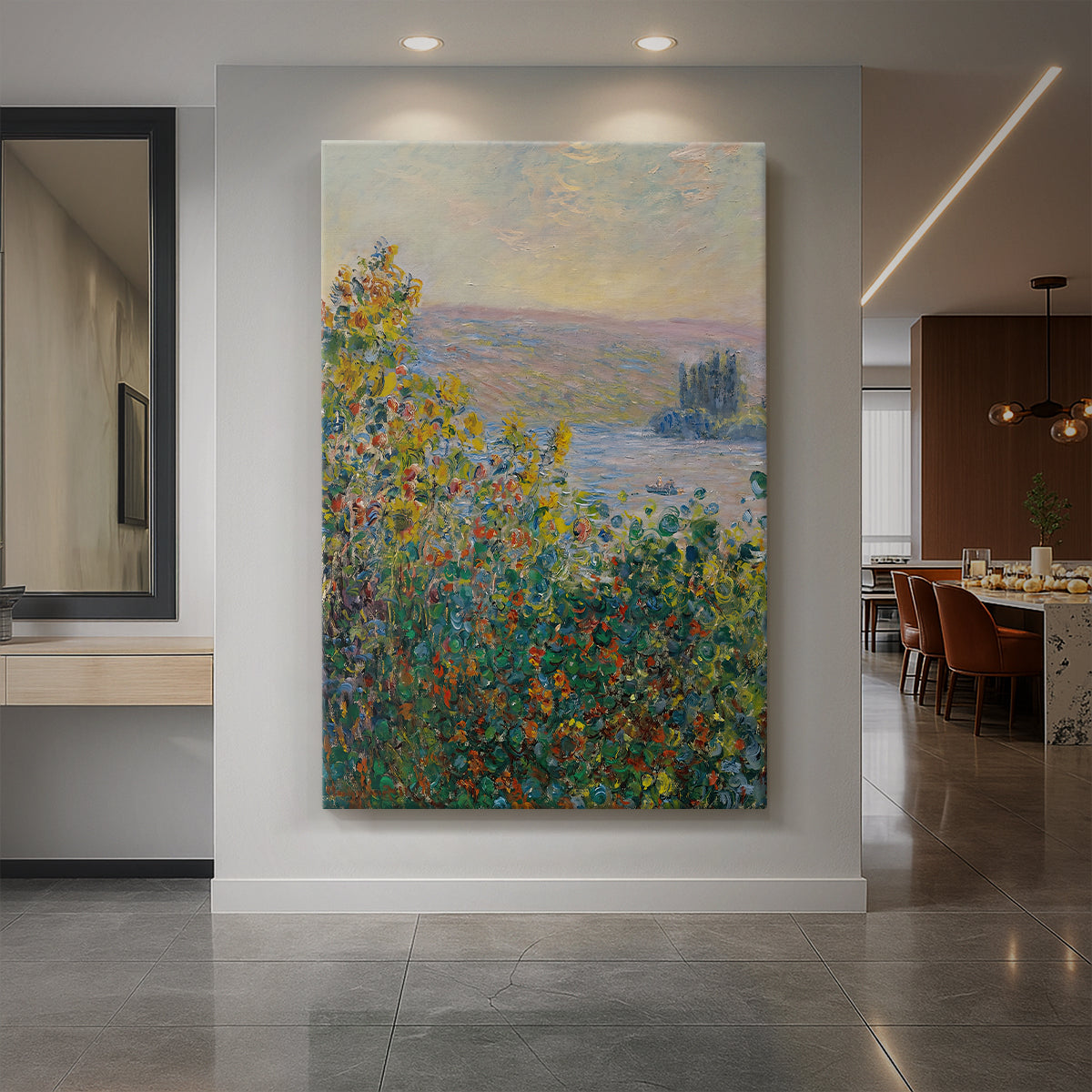 Canvas art print of an impressionist garden scene with colorful flower beds and lush greenery displayed as a statement piece in a spacious interior.