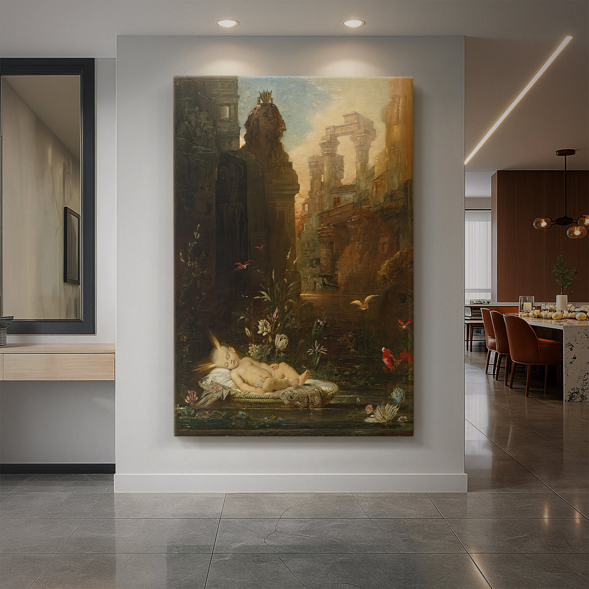 Canvas art print of a symbolic scene of a child among figures in a softly lit setting displayed as a statement piece in a spacious interior.