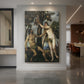 Canvas art print of a Renaissance scene of Adam and Eve in a natural setting with soft light displayed as a statement piece in a spacious interior.