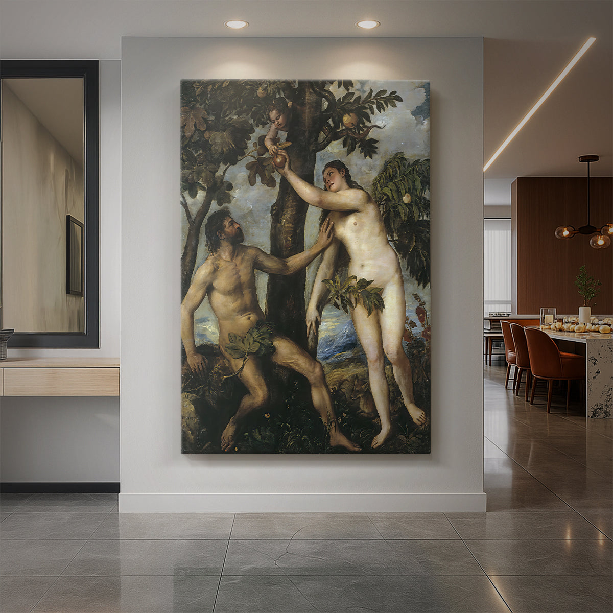 Canvas art print of a Renaissance scene of Adam and Eve in a natural setting with soft light displayed as a statement piece in a spacious interior.