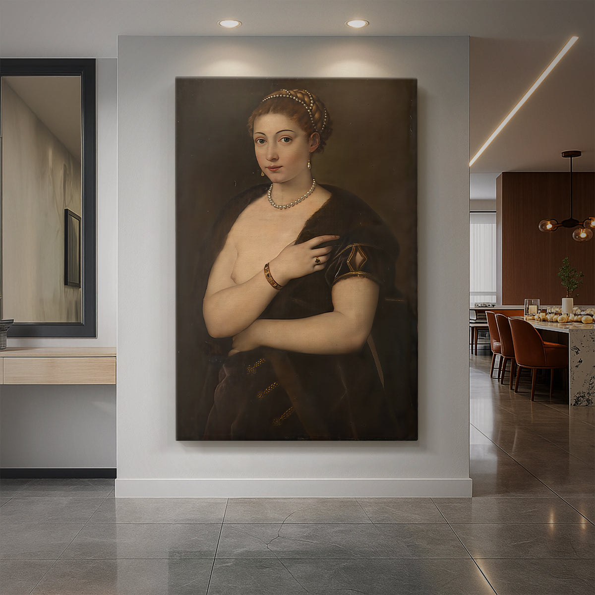 Canvas art print of a Renaissance portrait of a young woman wearing a fur wrap with soft light displayed as a statement piece in a spacious interior.