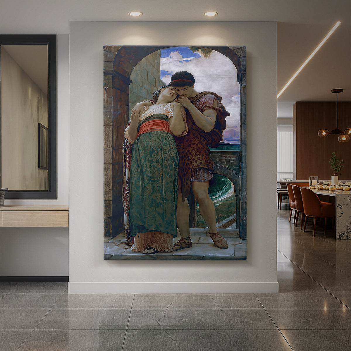 Canvas art print of a classical scene of a couple standing together in a ceremonial moment displayed as a statement piece in a spacious interior.