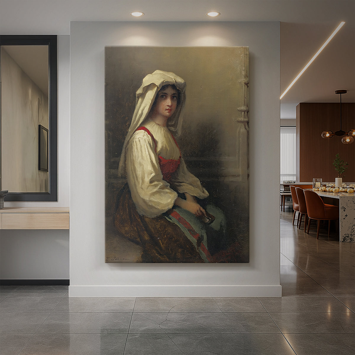 Canvas art print of a realistic portrait of a young woman in rustic attire with warm tones displayed as a statement piece in a spacious interior.