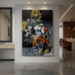 Canvas art print of an impressionist still life of mixed flowers in a rustic earthenware pot displayed as a statement piece in a spacious interior.