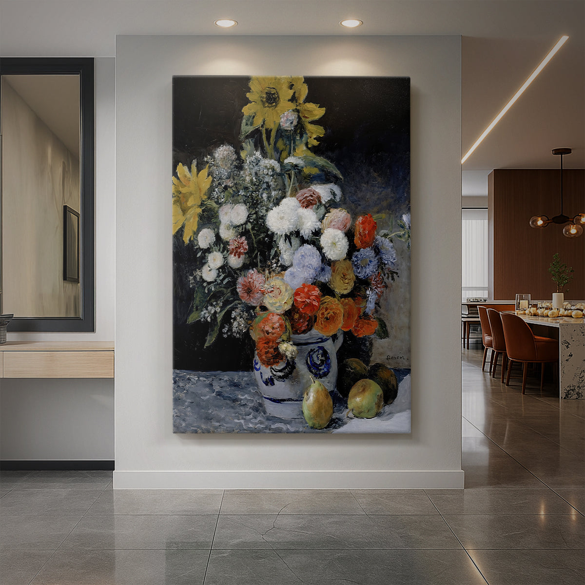 Canvas art print of an impressionist still life of mixed flowers in a rustic earthenware pot displayed as a statement piece in a spacious interior.