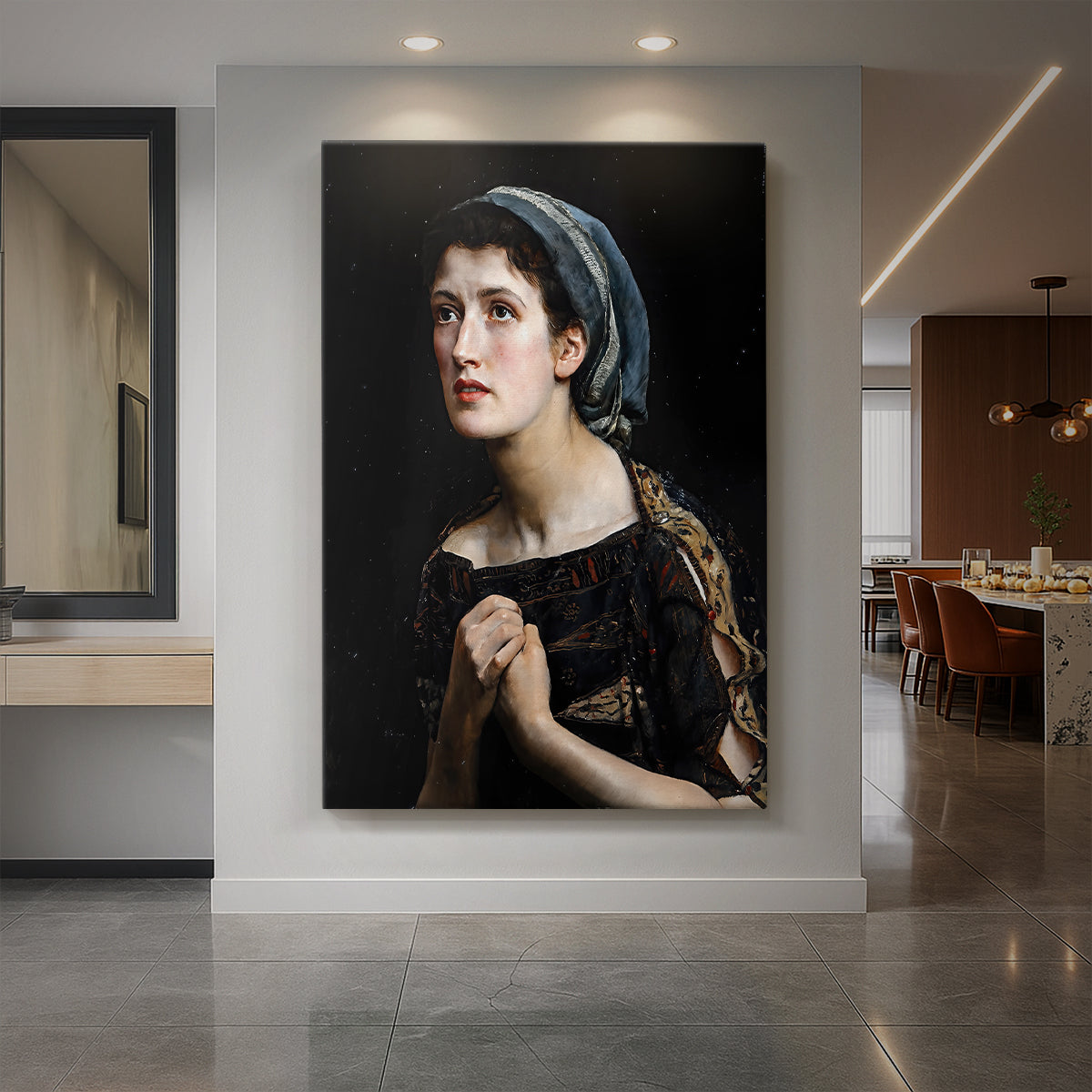 Canvas art print of a dramatic portrait of a woman with intense expression and dark background displayed as a statement piece in a spacious interior.