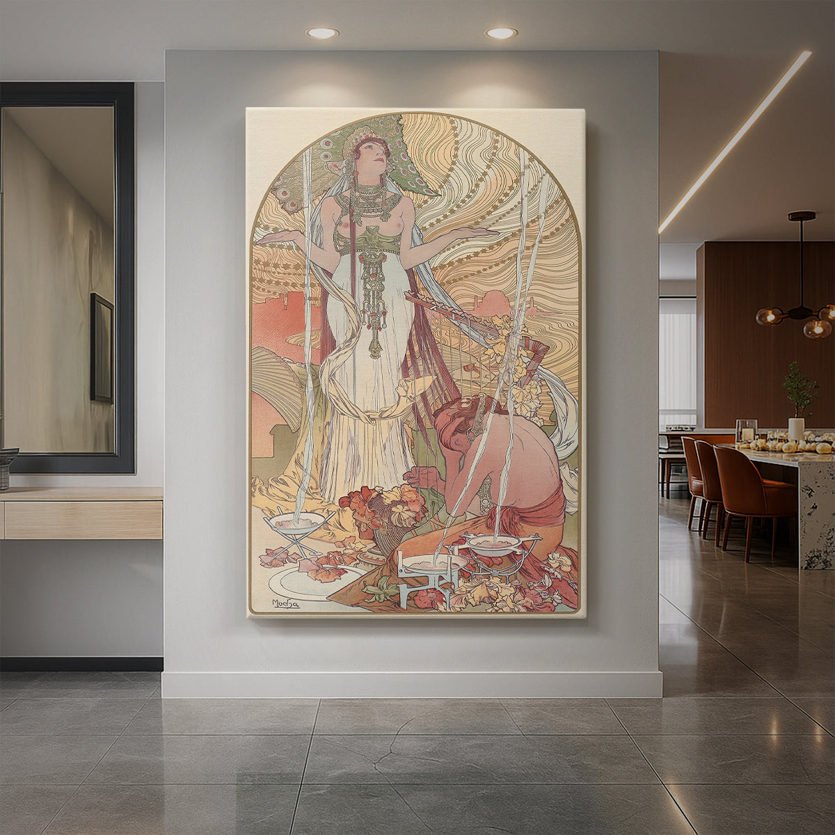 Canvas art print of an Art Nouveau illustration of a woman performing a ritual with ornate details displayed as a statement piece in a spacious interior.