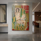 Canvas art print of a fauvist portrait of a reclining woman with raised arms in a patterned interior displayed as a statement piece in a spacious interior.