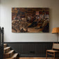 Canvas art print of a dramatic historical scene of figures in an ornate interior displayed along a staircase wall in a modern home.
