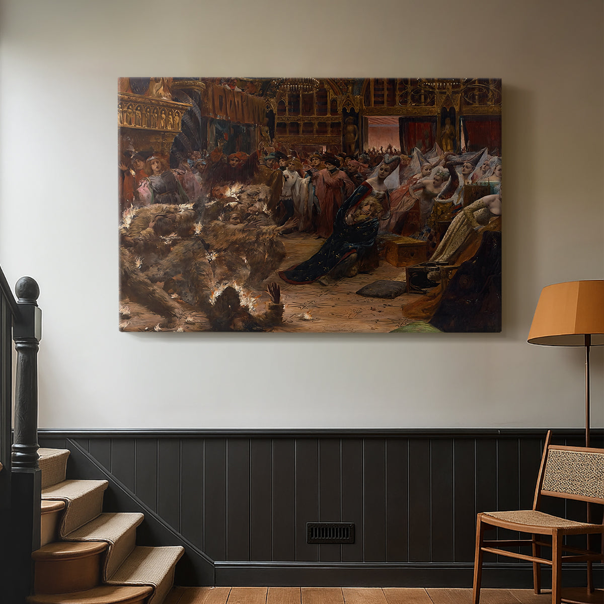 Canvas art print of a dramatic historical scene of figures in an ornate interior displayed along a staircase wall in a modern home.