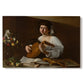Canvas art print portraying a young musician playing lute beside table with fruit and sheet music, set against a white background