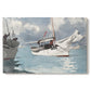 Canvas art print portraying small boats anchored in shallow water with shoreline in background, set against a white background